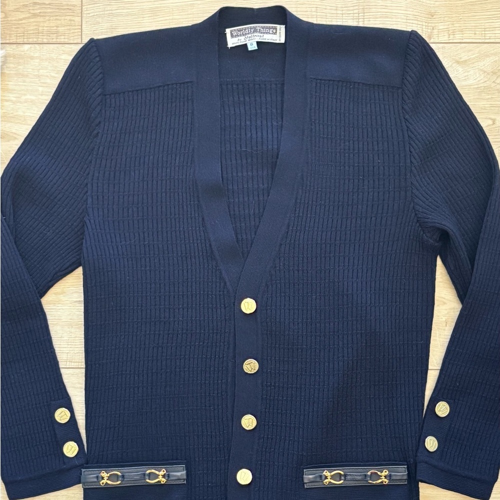 Vintage Italian Wool Navy Ribbed Cardigan with Gold Buttons